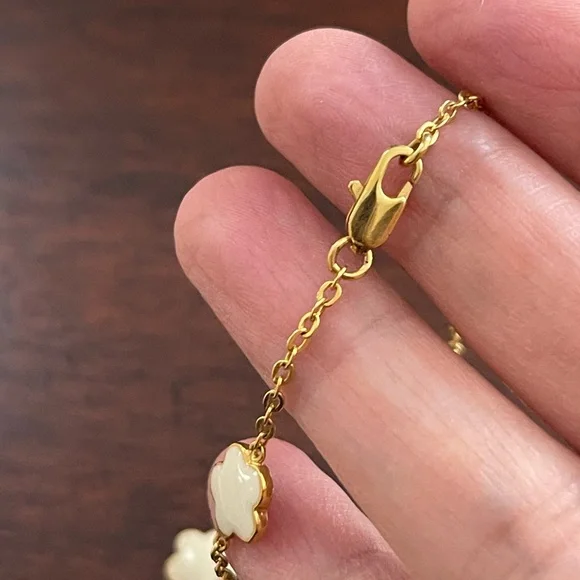 Cream enamel flower gold tone 48 inch long necklace - Picture 5 of 8